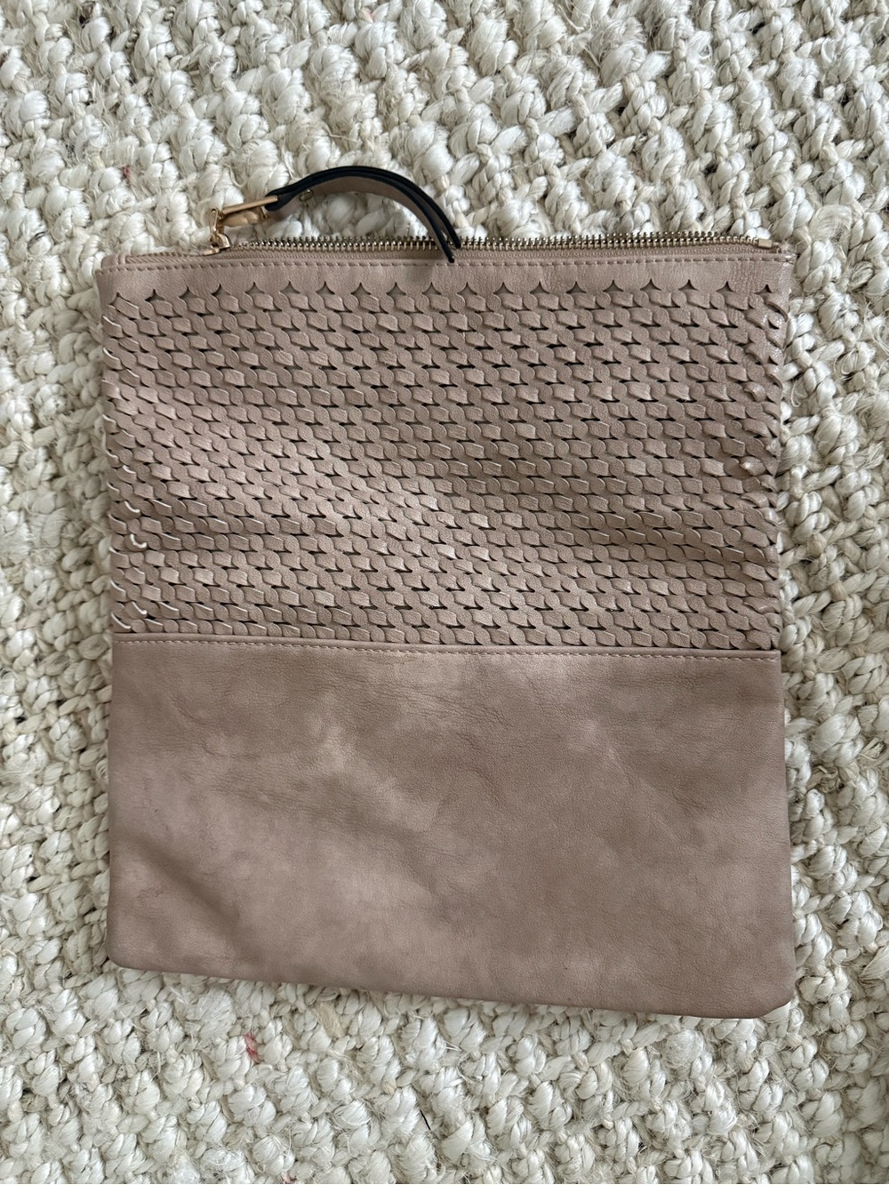 Woven Leather Zip-Top Clutch in Taupe